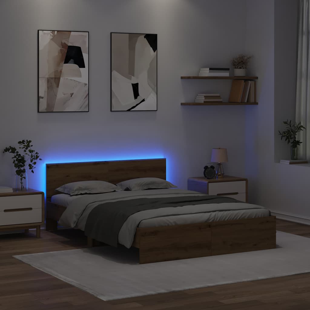 Ágykeret LED szalagokkal Artisan tölgy 135 x 190 cm Szerelt Fa
