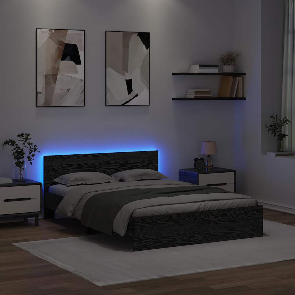Ágykeret LED szalagokkal Fekete tölgy 135 x 190 cm Szerelt Fa