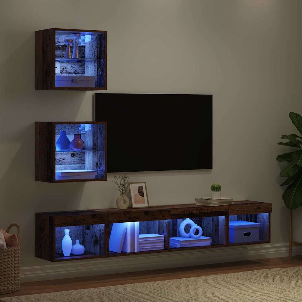 TV Fali Egységek LED-del leddel 5 pcs Régi fa Faanyag