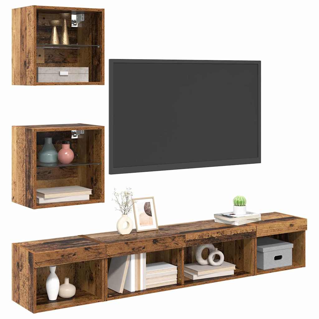 TV Fali Egységek LED-del leddel 5 pcs Régi fa Faanyag