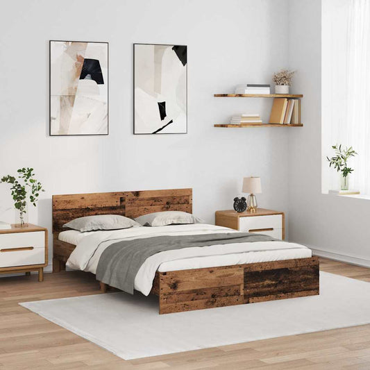 Ágykeret LED -es lámpákkal Öreg fa 120 x 190 cm Faanyag