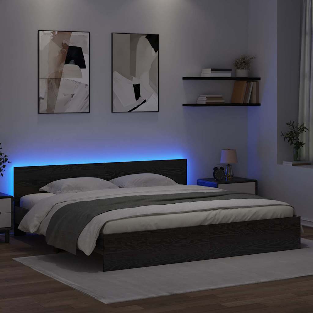 Ágykeret LED szalagokkal Fekete tölgy 180 x 200 cm Szerelt Fa