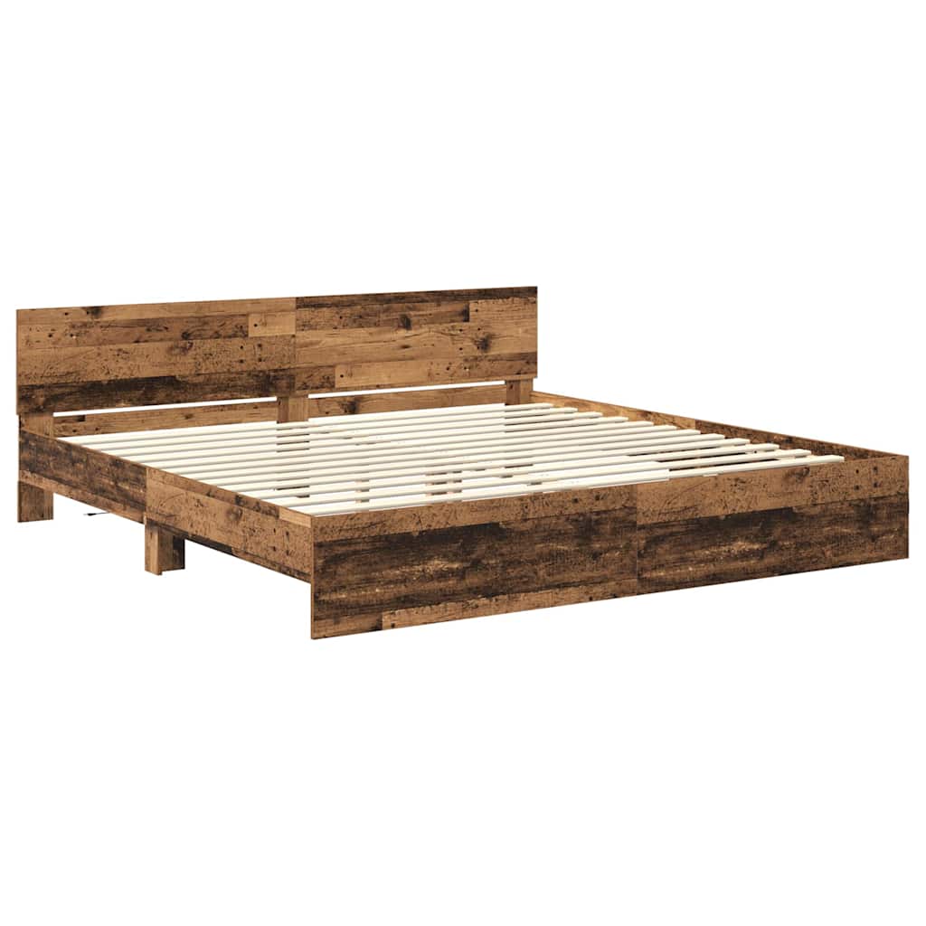 Ágykeret LED szalagokkal Öreg fa 200 x 200 cm Szerelt Fa