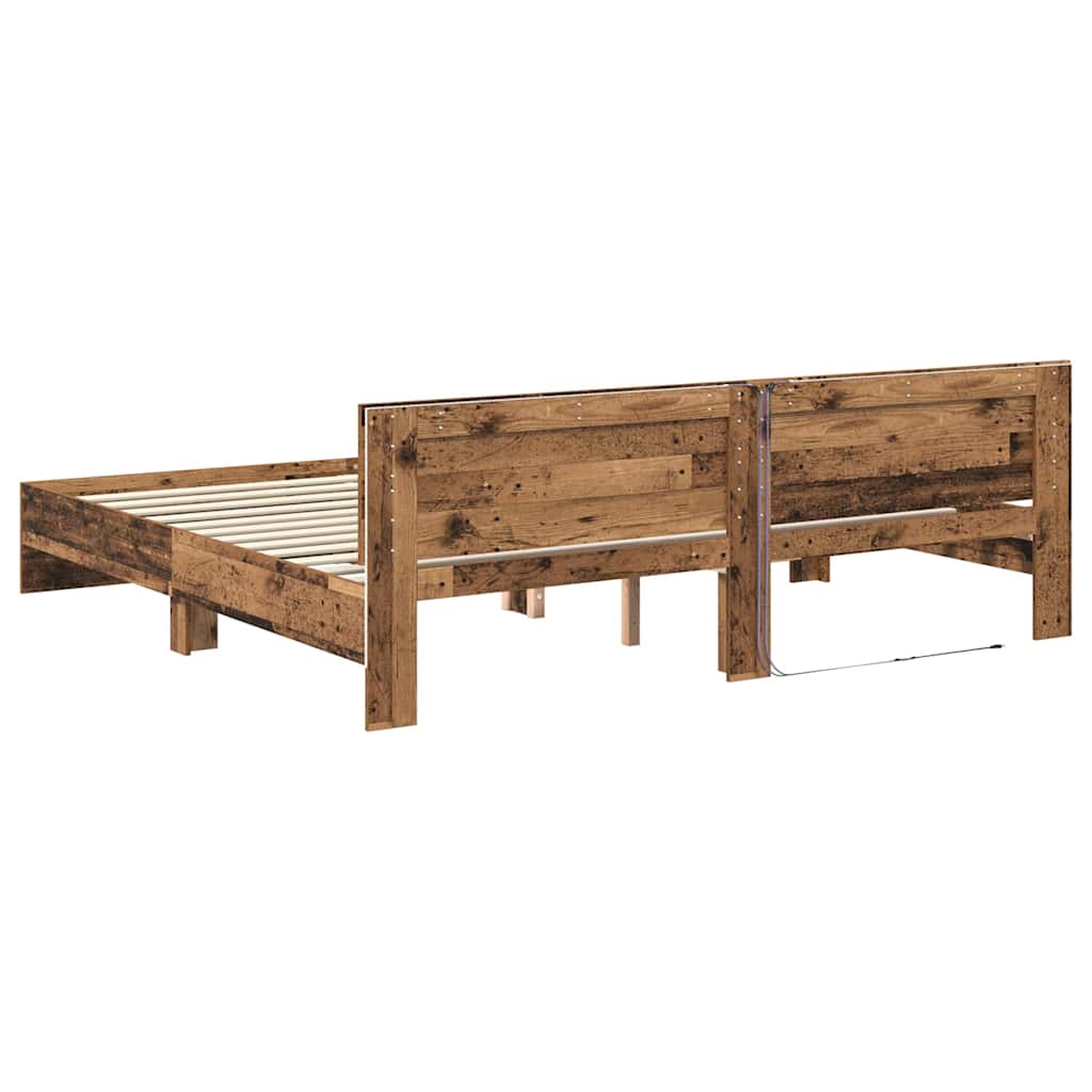 Ágykeret LED szalagokkal Öreg fa 200 x 200 cm Szerelt Fa