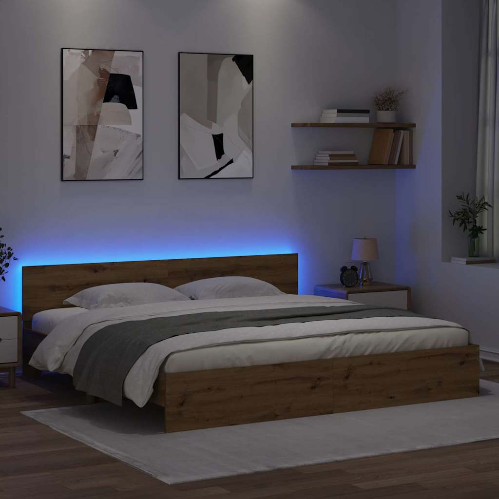 Ágykeret LED szalagokkal Artisan tölgy 200 x 200 cm Szerelt Fa