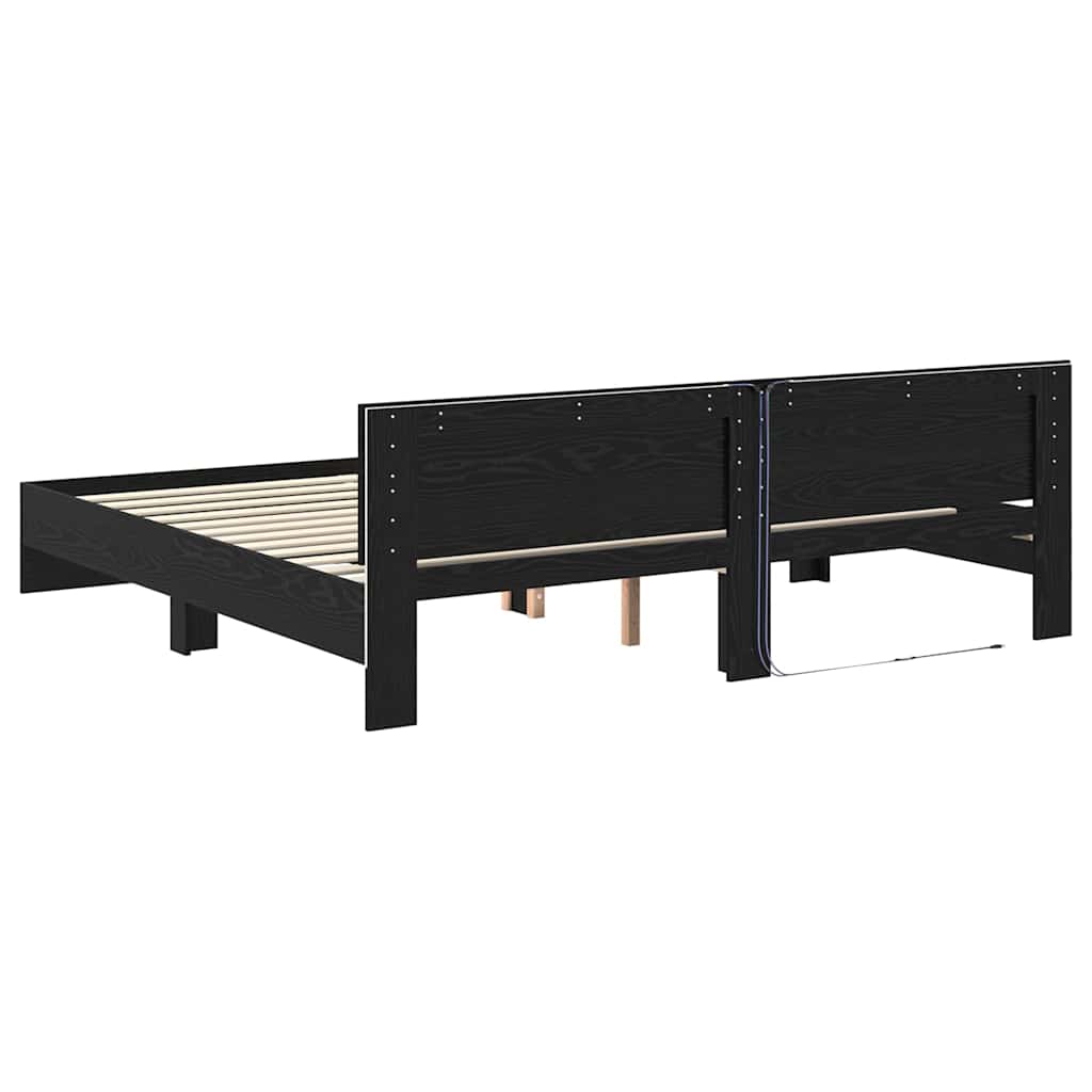 Ágykeret LED szalagokkal Fekete tölgy 200 x 200 cm Szerelt Fa
