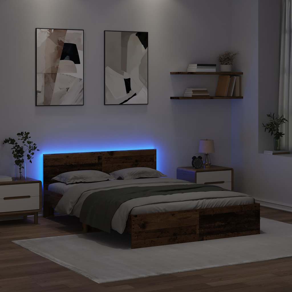 Ágykeret LED szalagokkal Öreg fa 150 x 200 cm Szerelt Fa