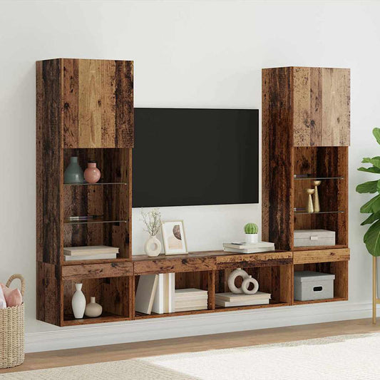 TV Fali Egységek LED-del leddel 5 pcs Régi fa Faanyag