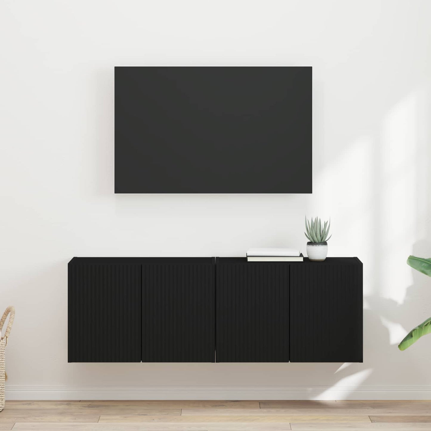 TV Fali Szekrény 2 pcs Fekete Szerelt Fa