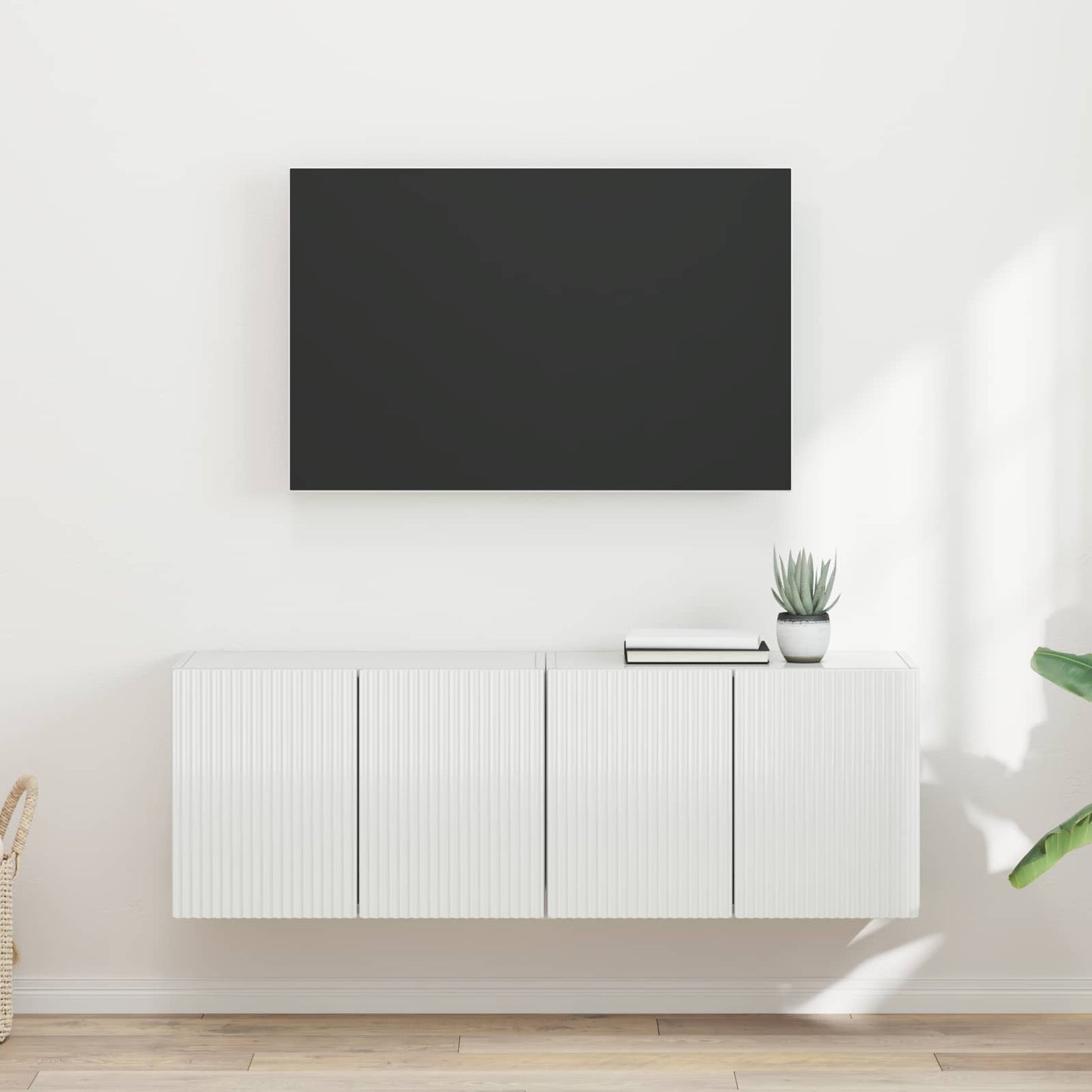 TV Fali Szekrény 2 pcs Magas Fényű Fehér Szerelt Fa