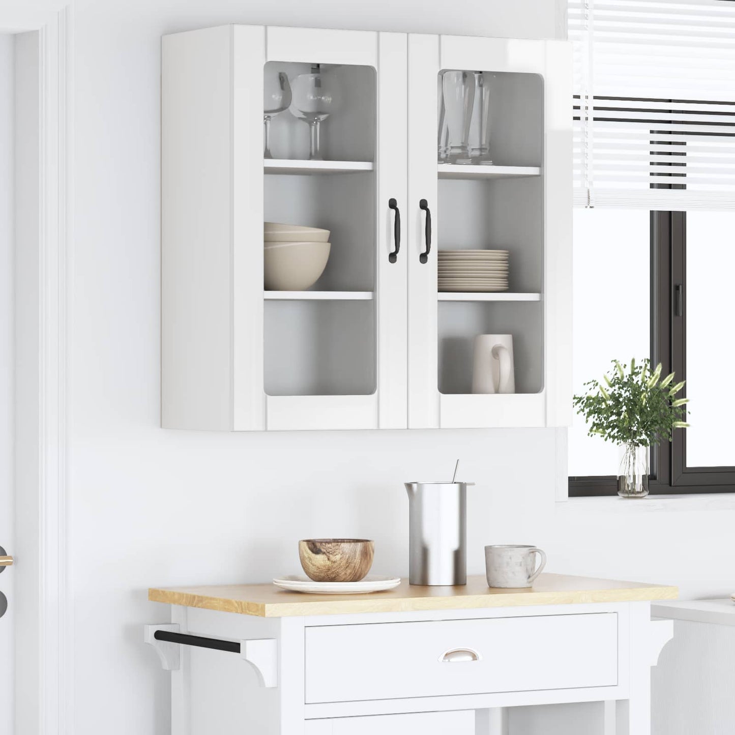 Fali üveges szekrény PORTO 2 pcs Magas Fényű Fehér Szerelt Fa