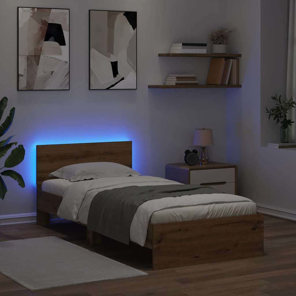 Ágykeret LED szalagokkal Artisan tölgy 100 x 200 cm Szerelt Fa