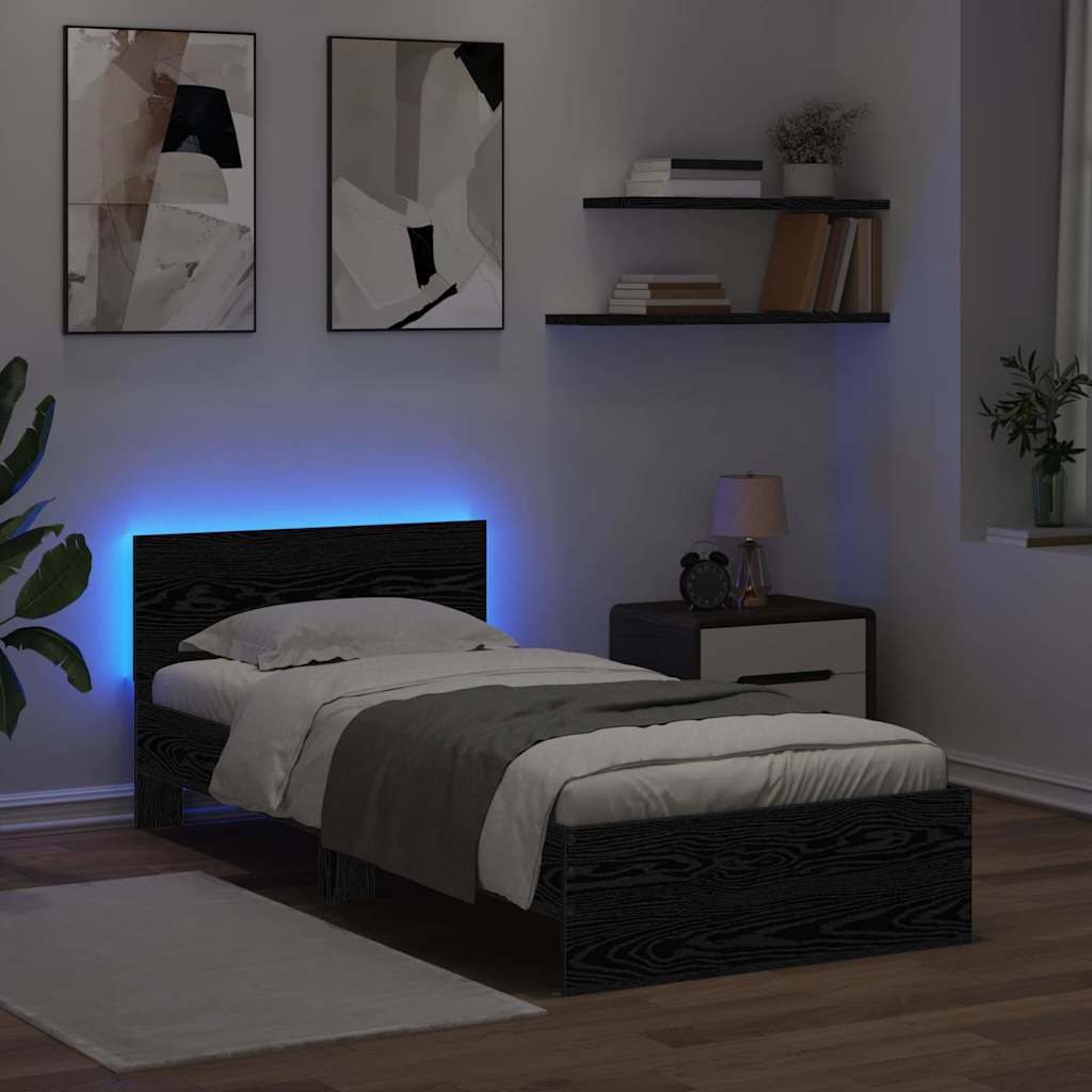 Ágykeret LED szalagokkal Fekete tölgy 90 x 200 cm Szerelt Fa