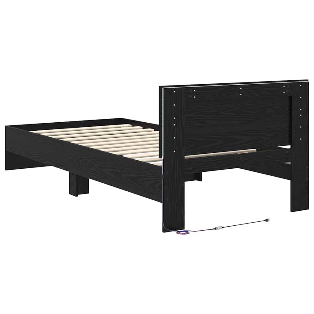 Ágykeret LED szalagokkal Fekete tölgy 90 x 200 cm Szerelt Fa