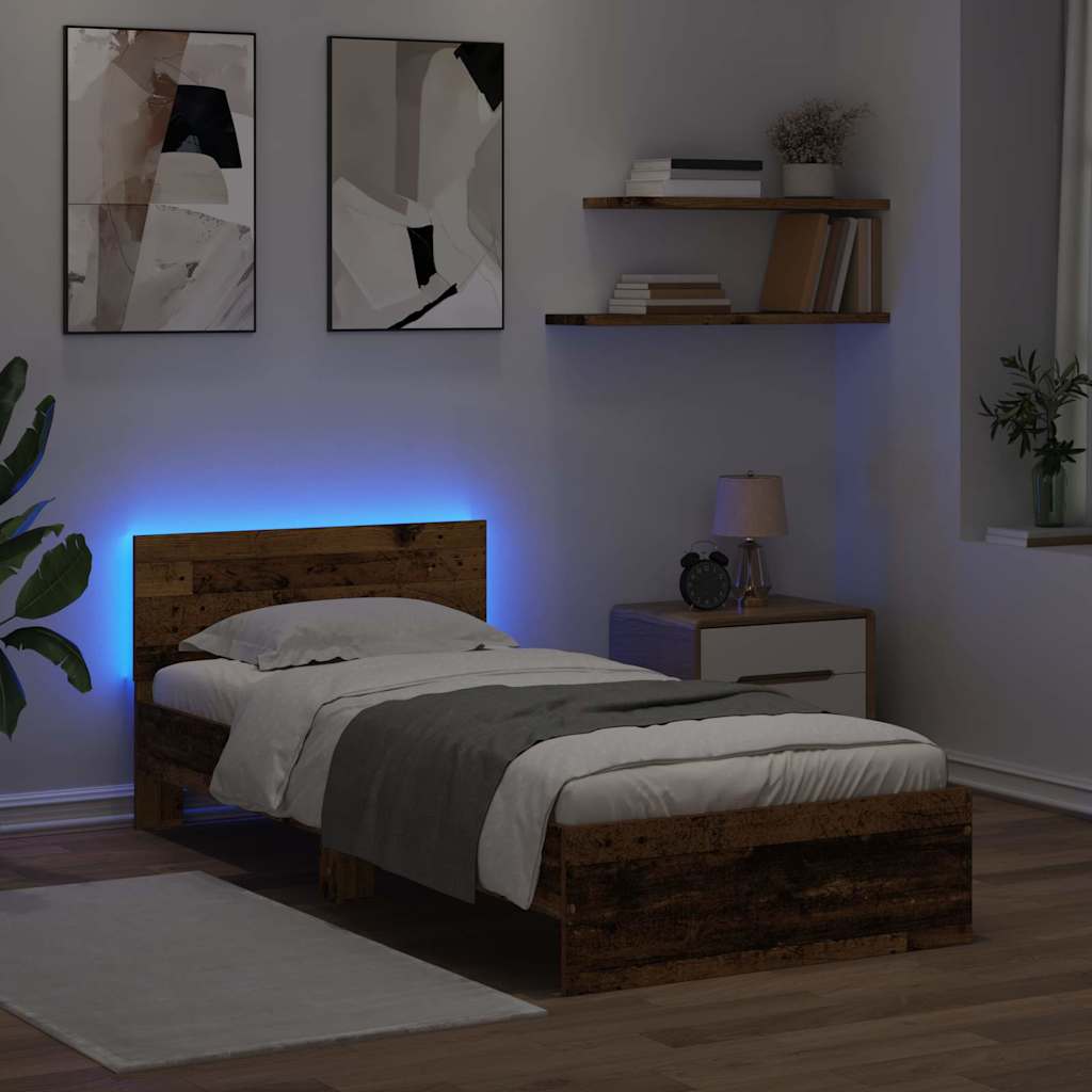 Ágykeret LED -es lámpákkal Öreg fa 90 x 190 cm Faanyag