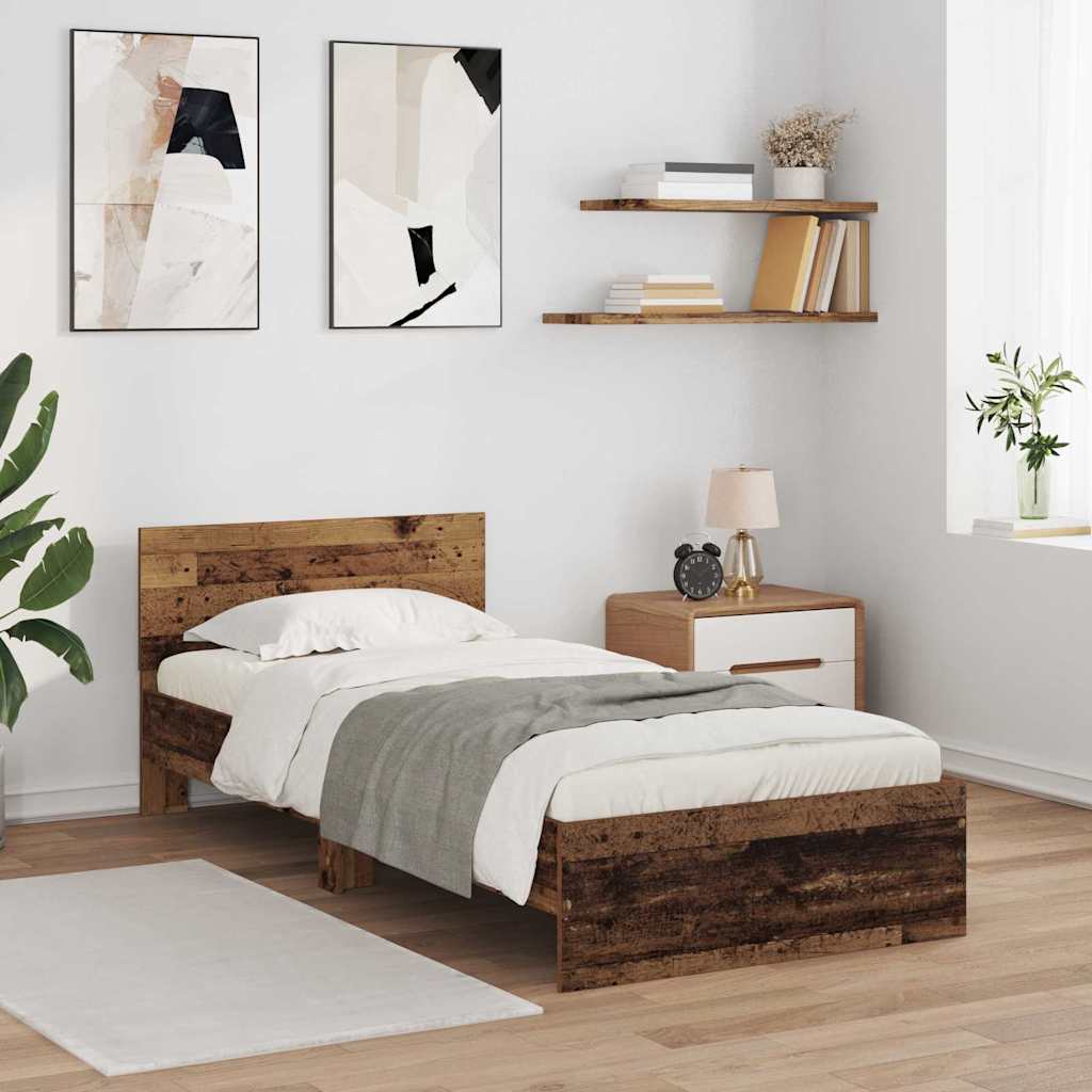 Ágykeret LED -es lámpákkal Öreg fa 90 x 190 cm Faanyag