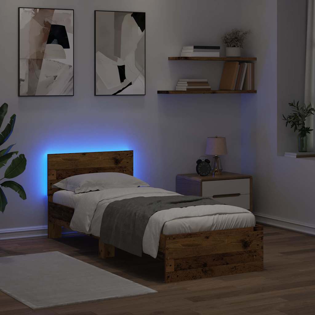 Ágykeret LED szalagokkal Öreg fa 75 x 190 cm Szerelt Fa