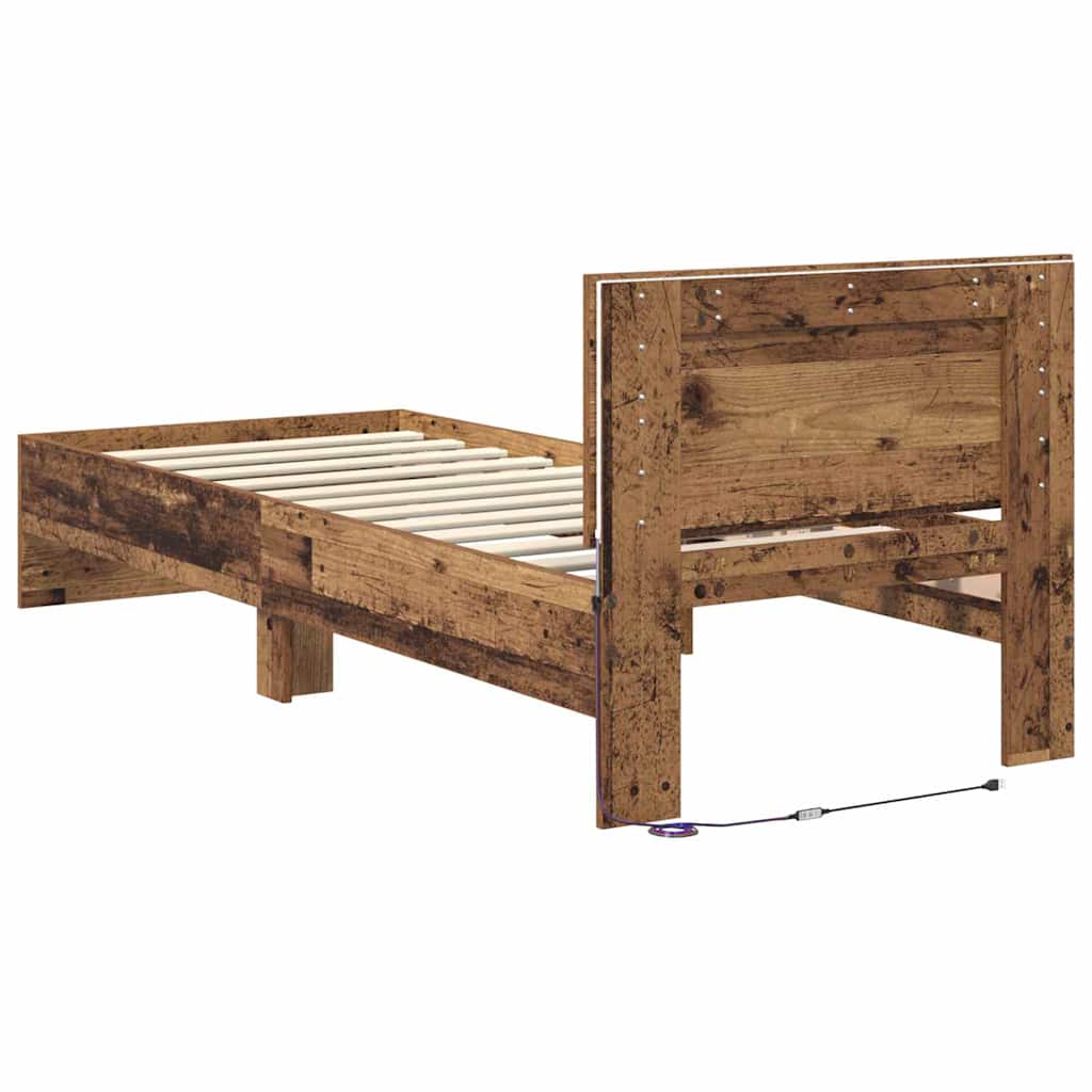 Ágykeret LED szalagokkal Öreg fa 75 x 190 cm Szerelt Fa