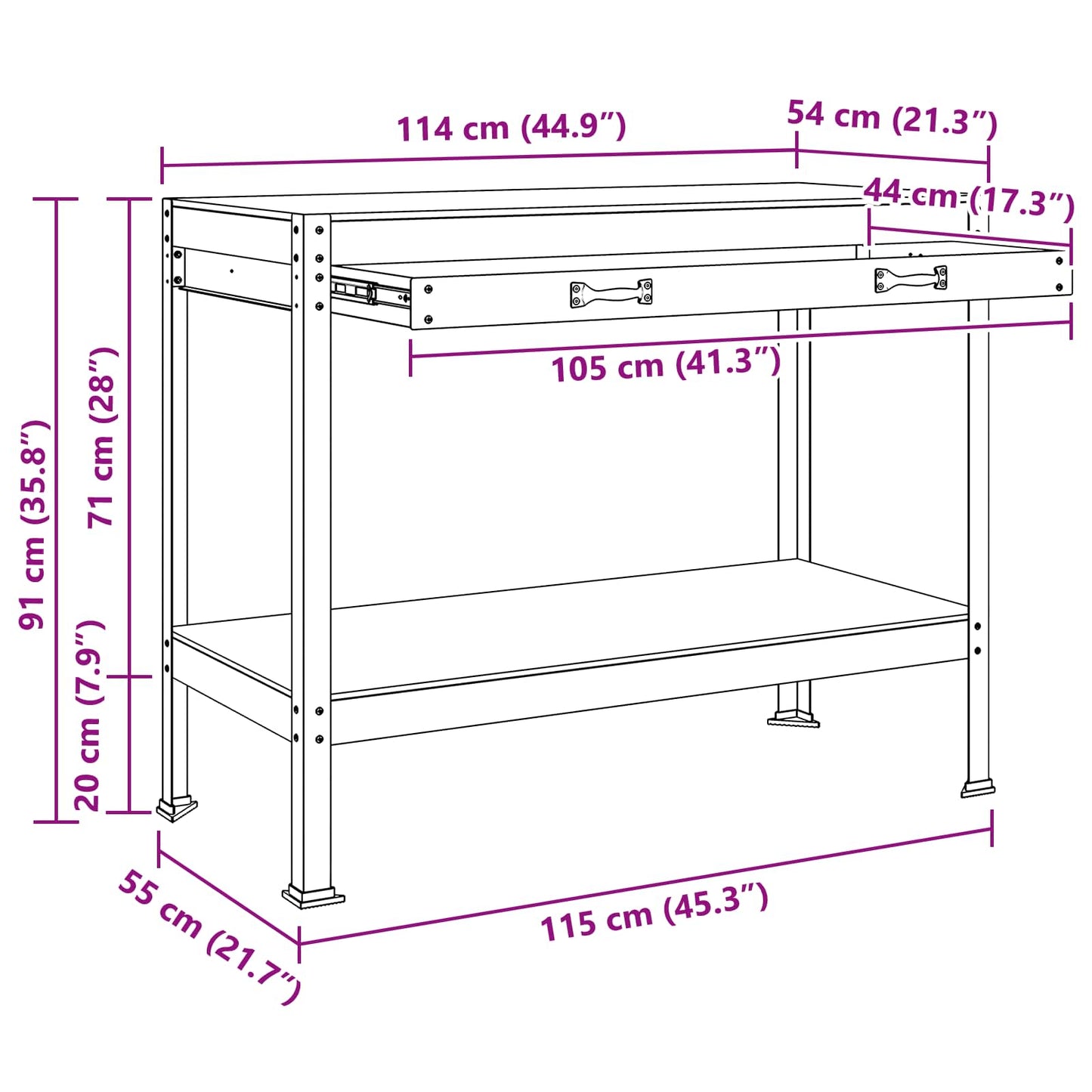 Munkapad fiókkal Fekete 114 x 54 x 91 cm Mérnöki fa és fém