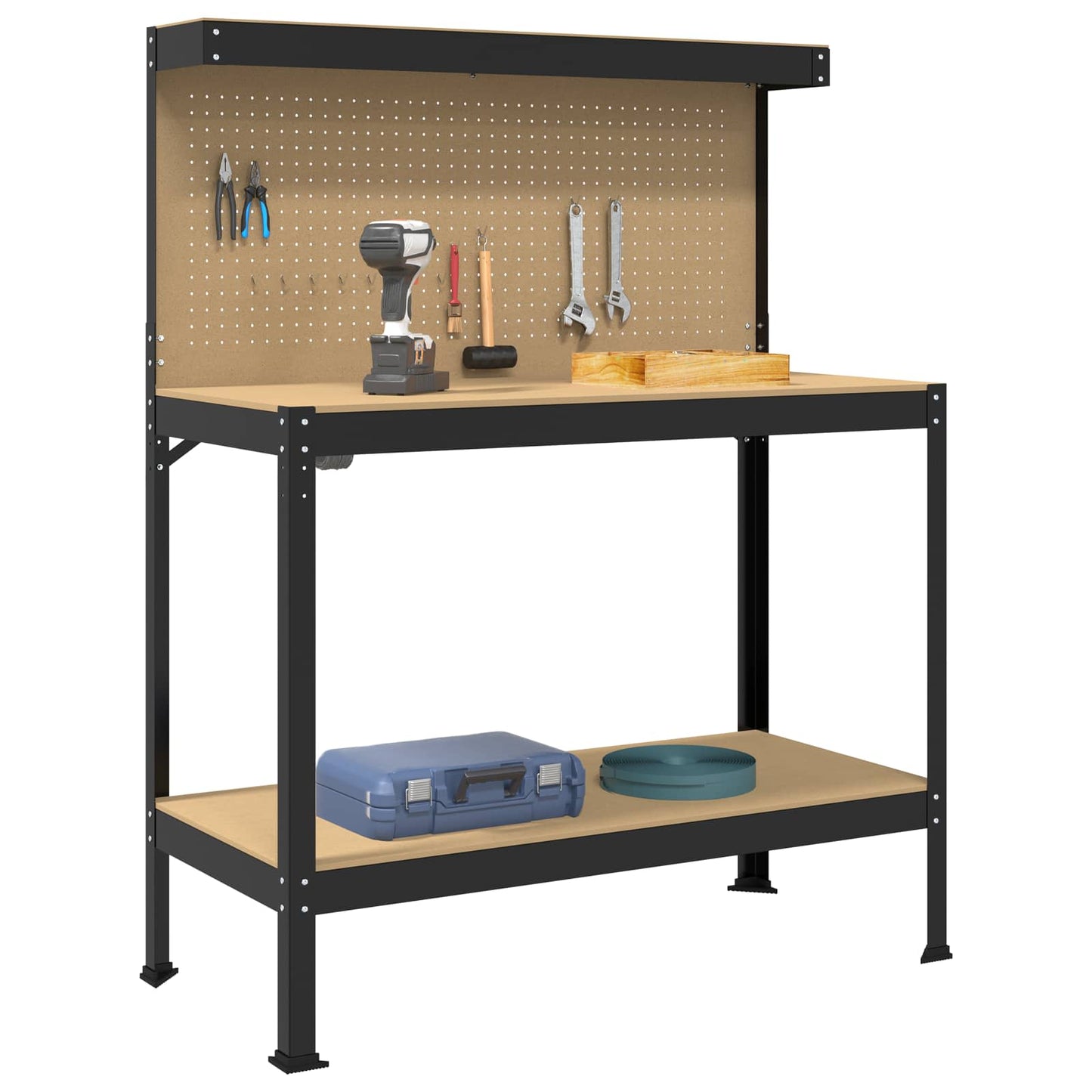 Munkapad polcokkal Fekete 114 x 54 x 145 cm Mérnöki fa és fém