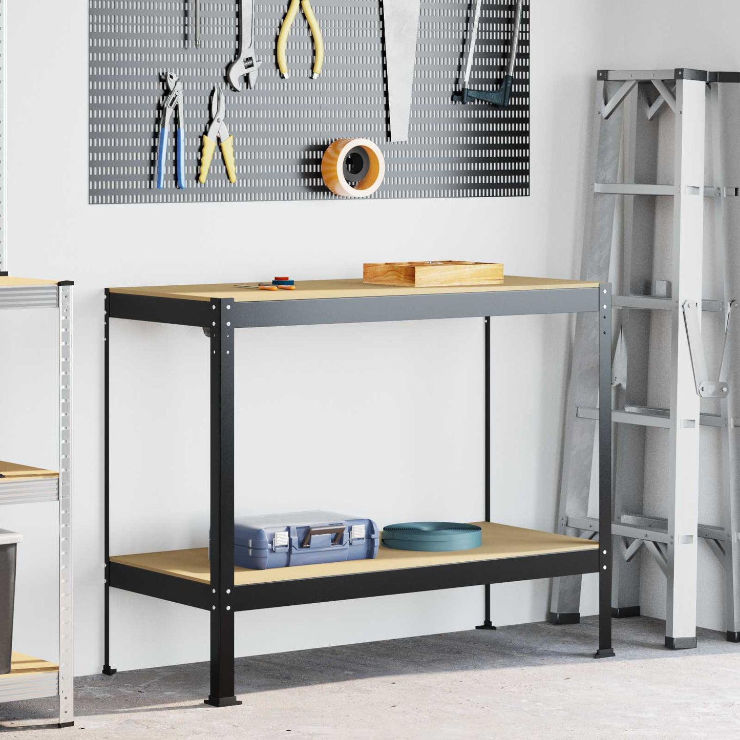 Munkapad polcokkal Fekete 115 x 55 x 91 cm Mérnöki fa és fém