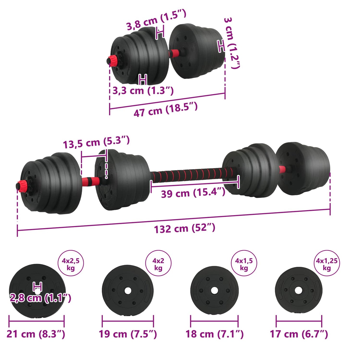 2 az 1-ben Kettlebell és Súlyzó Készlet 30 kg Fekete és piros