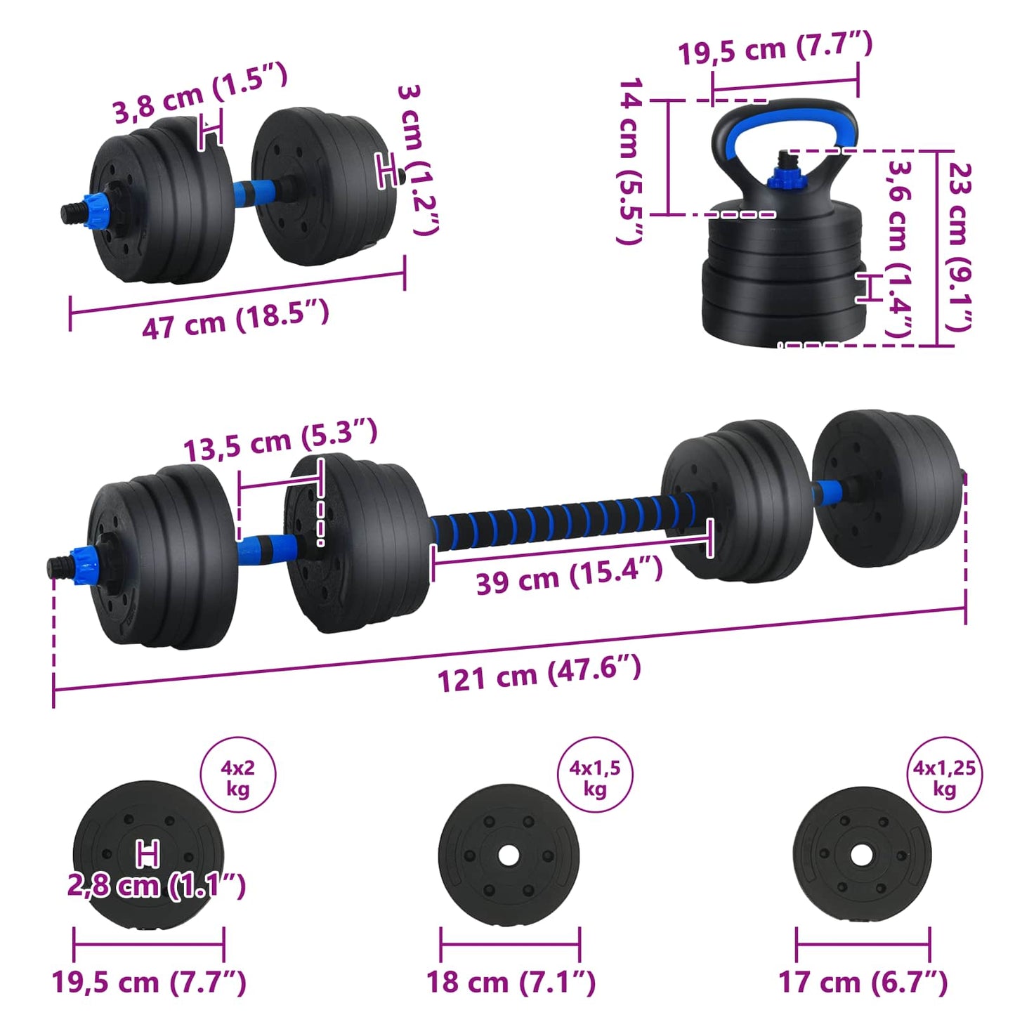 4 az 1-ben Súlyzó Súlyzós Kettlebell Készlet 20 kg