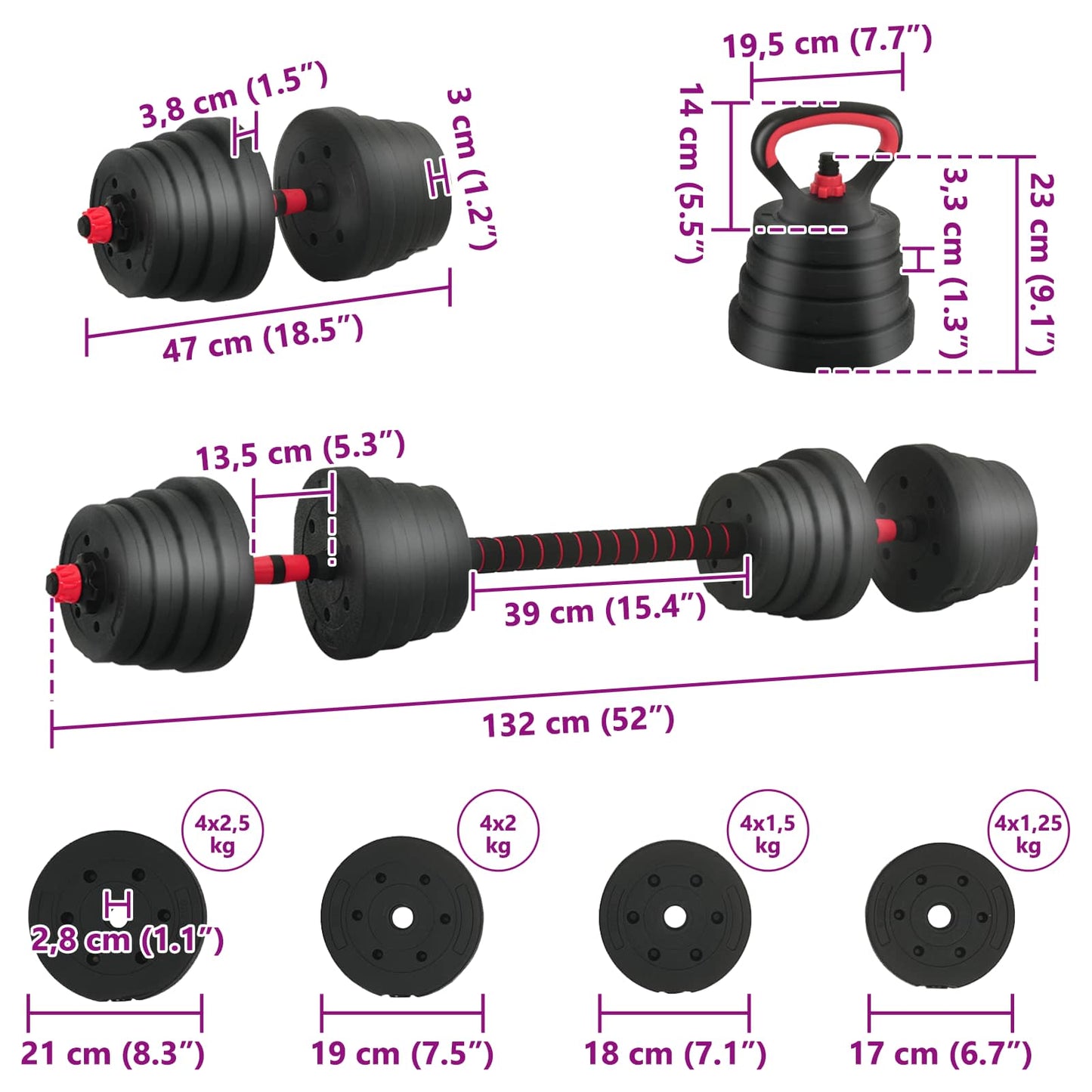 4 az 1-ben súlyzó, rúd és kettlebell szett 30 kg