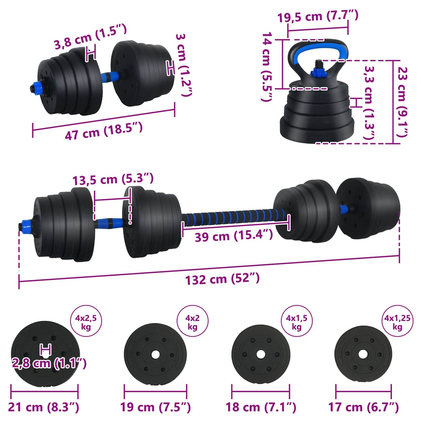 4 az 1-ben Súlyzó Súlyzós Kettlebell Készlet 30 kg
