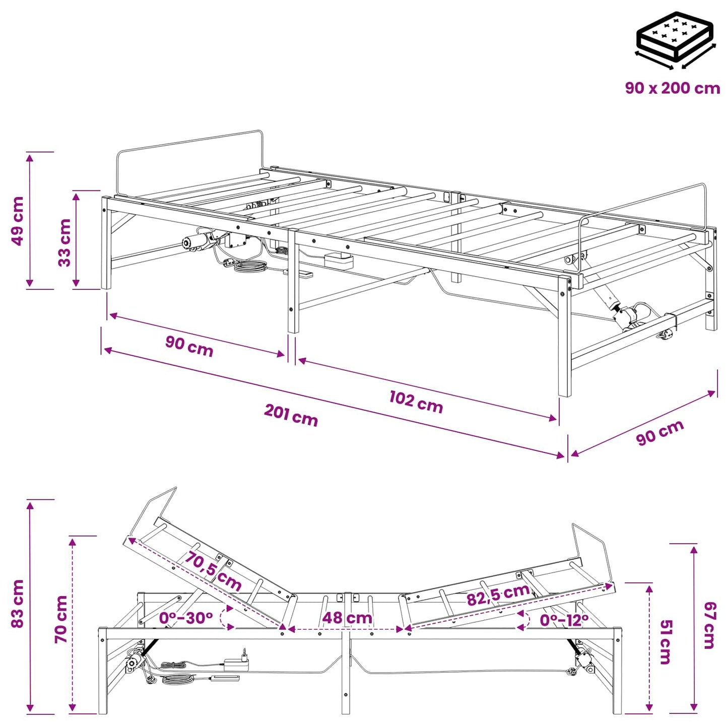Elektromosan Állítható Ágykeret Fekete 90 x 200 cm Acél