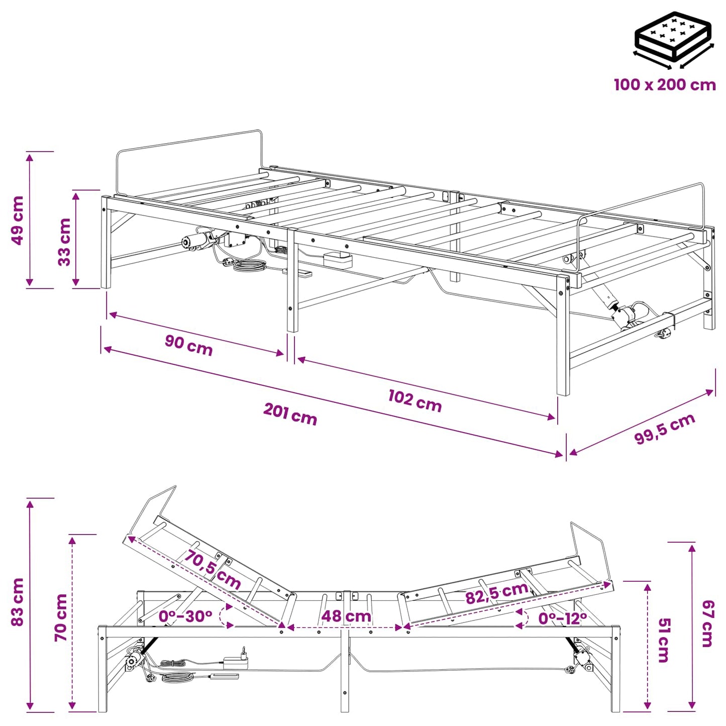 Elektromosan Állítható Ágykeret Fekete 100 x 200 cm Acél