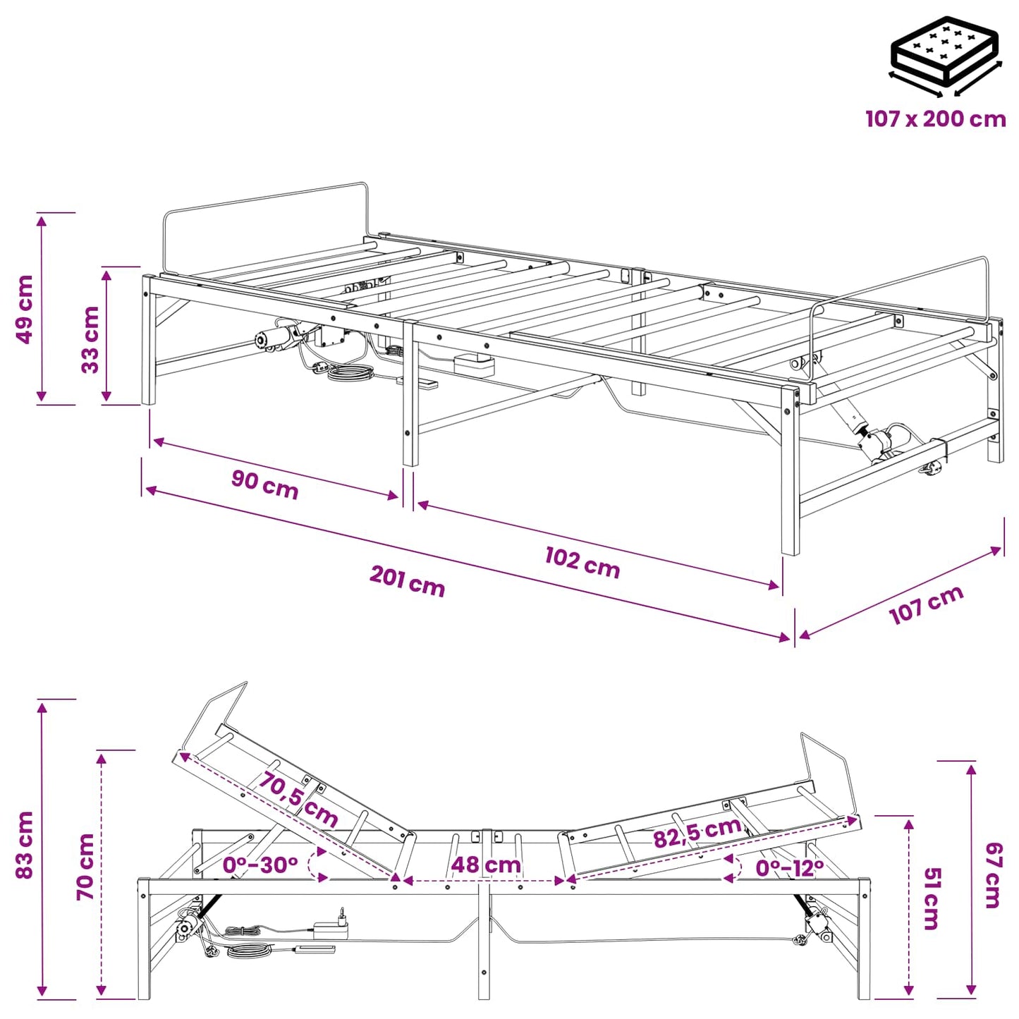 Elektromosan Állítható Ágykeret Fehér 107 x 200 cm Acél