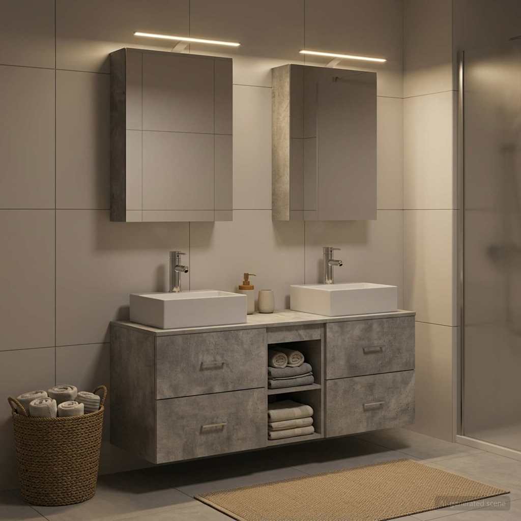 Fürdőszoba bútor szett 5 db Betonszürke Szerelt fa és Üveg