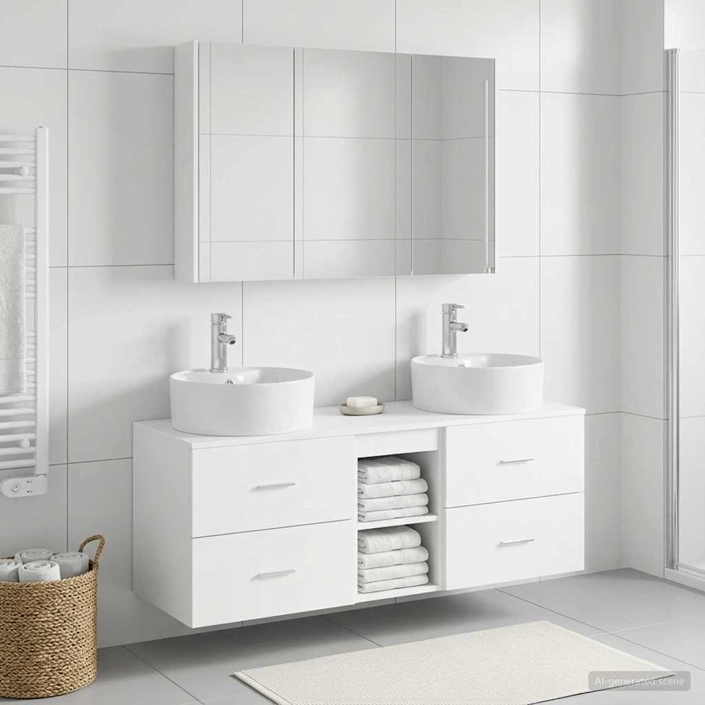 Fürdőszoba bútor szett 4 db Fehér Szerelt fa és Üveg