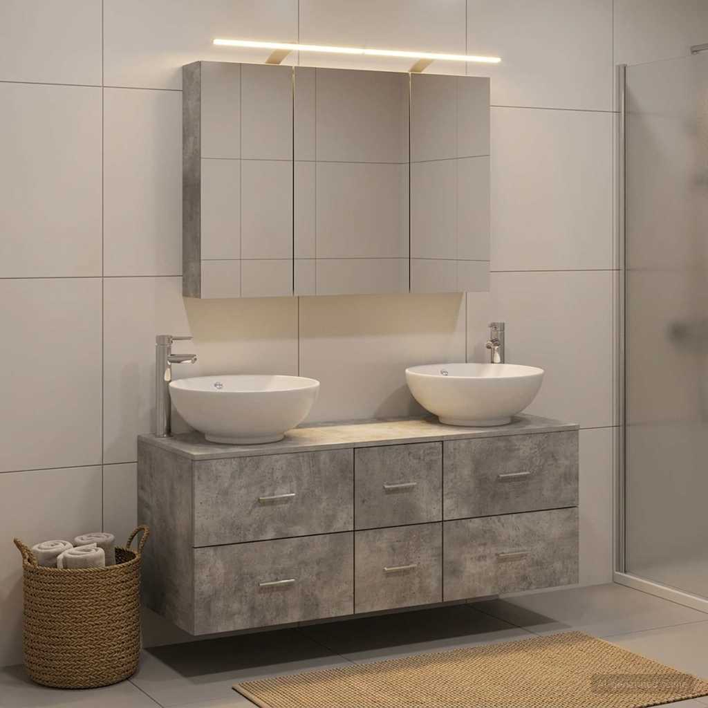 Fürdőszoba bútor szett 4 db Betonszürke Szerelt fa és Üveg