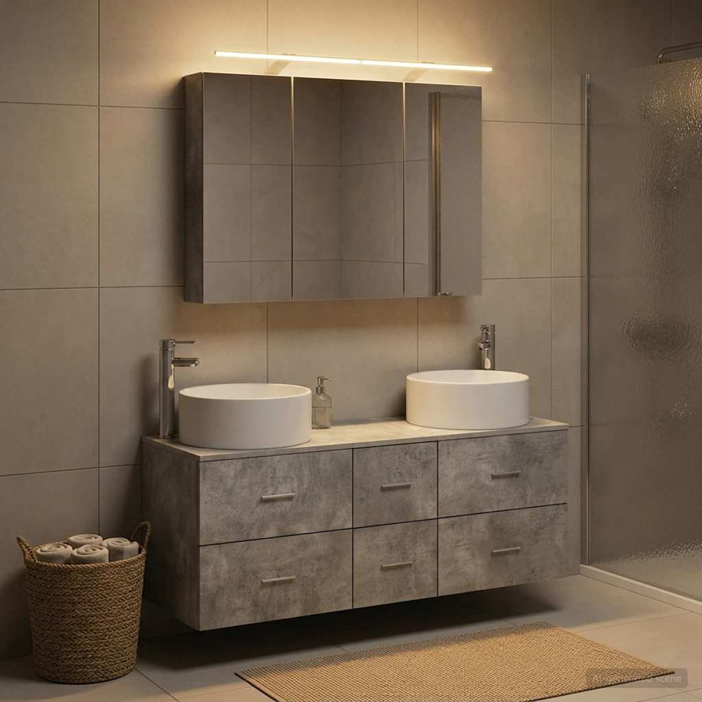 Fürdőszoba bútor szett 4 db Betonszürke Szerelt fa és Üveg