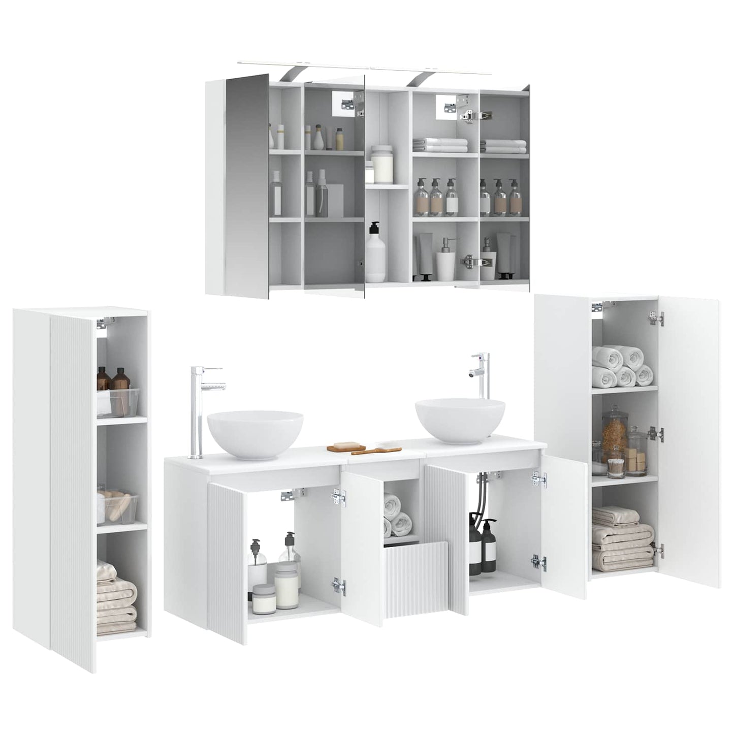 Fürdőszoba bútor szett 6 db Fehér Szerelt fa és Üveg