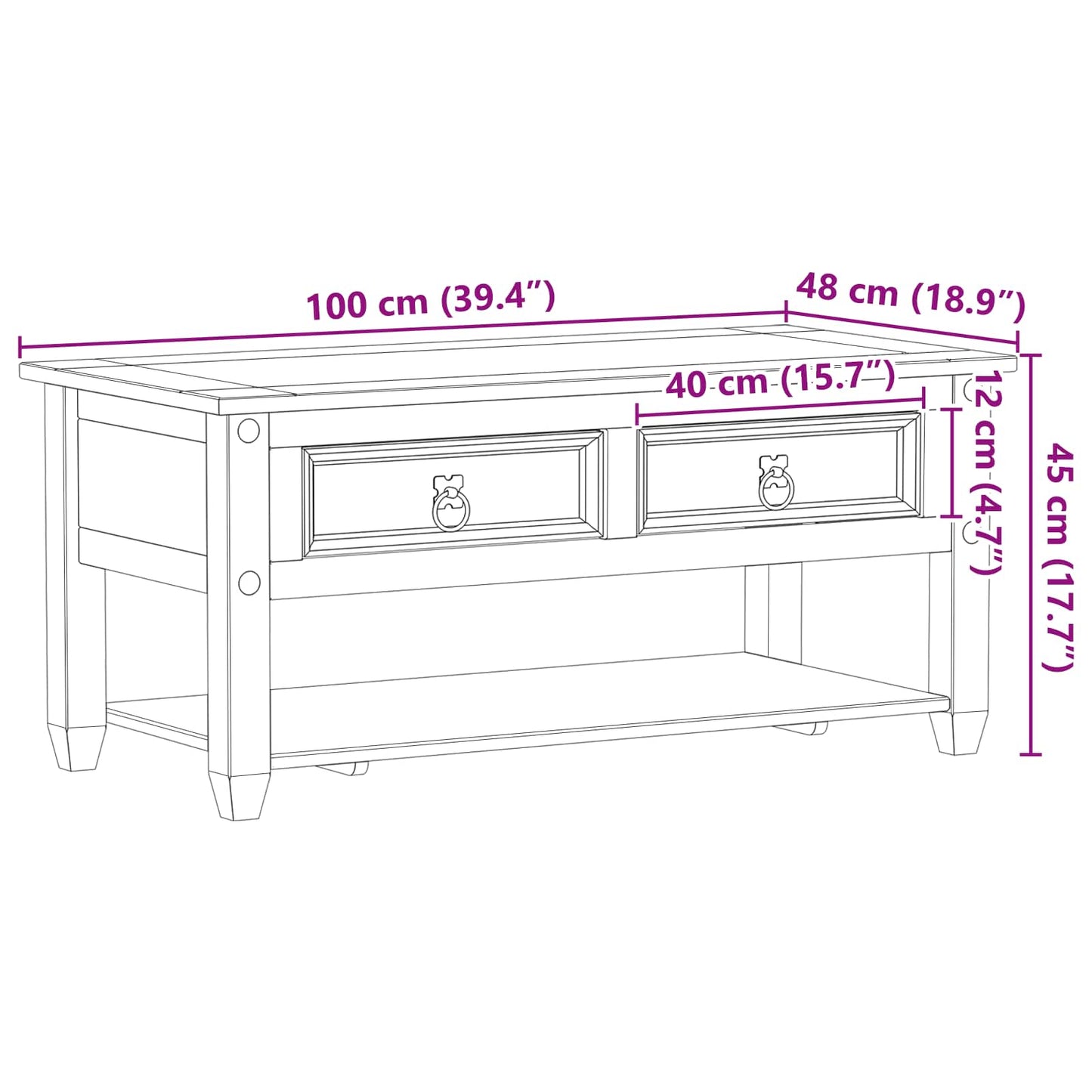 Dohányzóasztal fiókkal Fehér 100 x 48 x 45 cm Tömör Fenyőfa