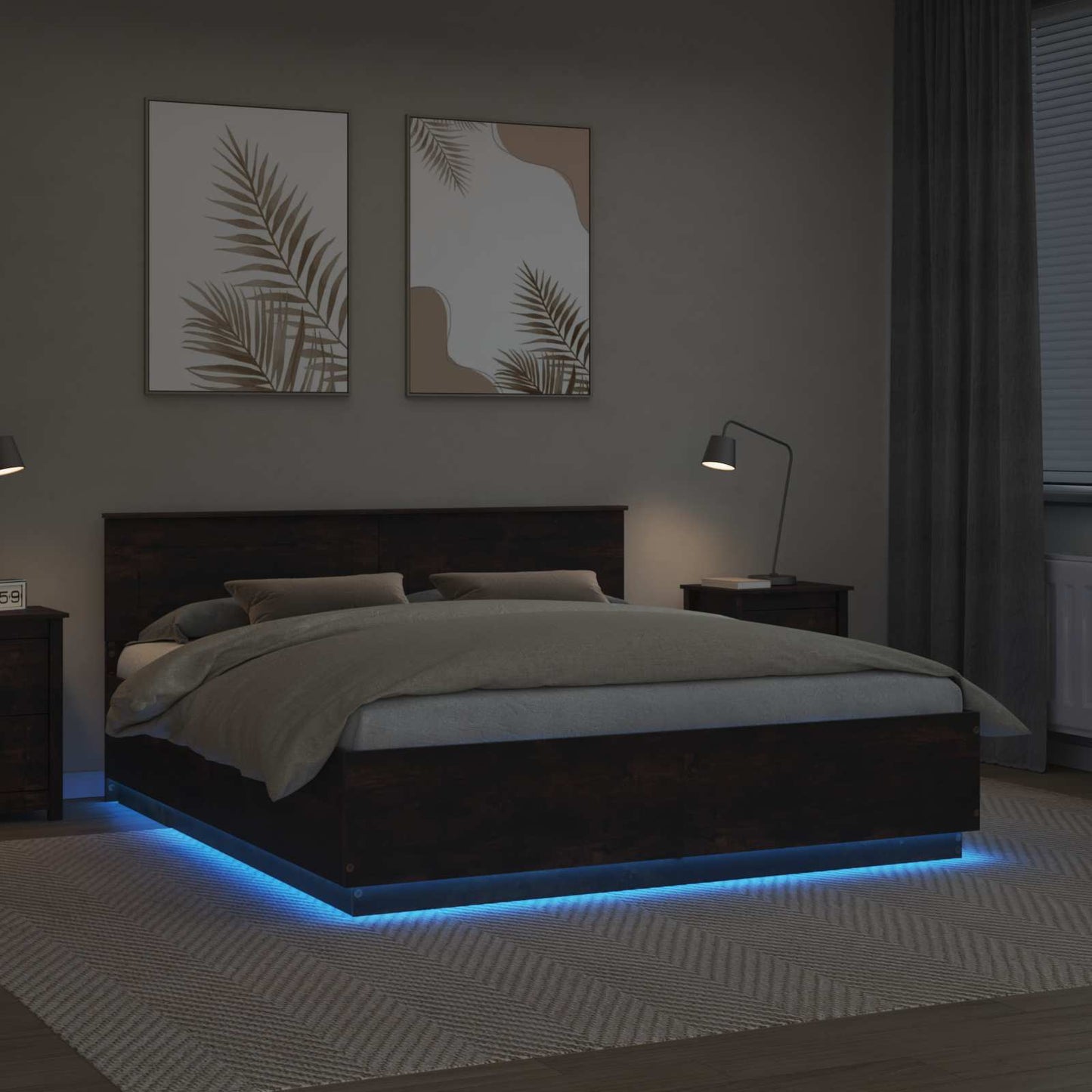 Ágykeret LED -es lámpákkal Füstölt tölgy 200 x 200 cm Faanyag