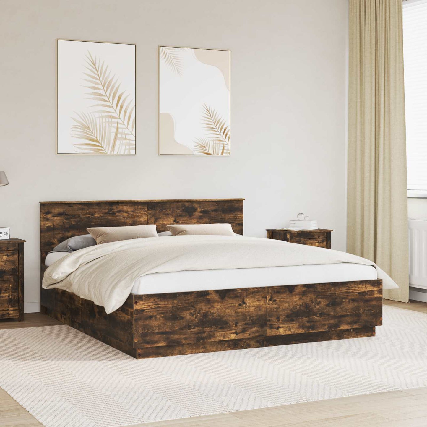 Ágykeret LED -es lámpákkal Füstölt tölgy 200 x 200 cm Faanyag