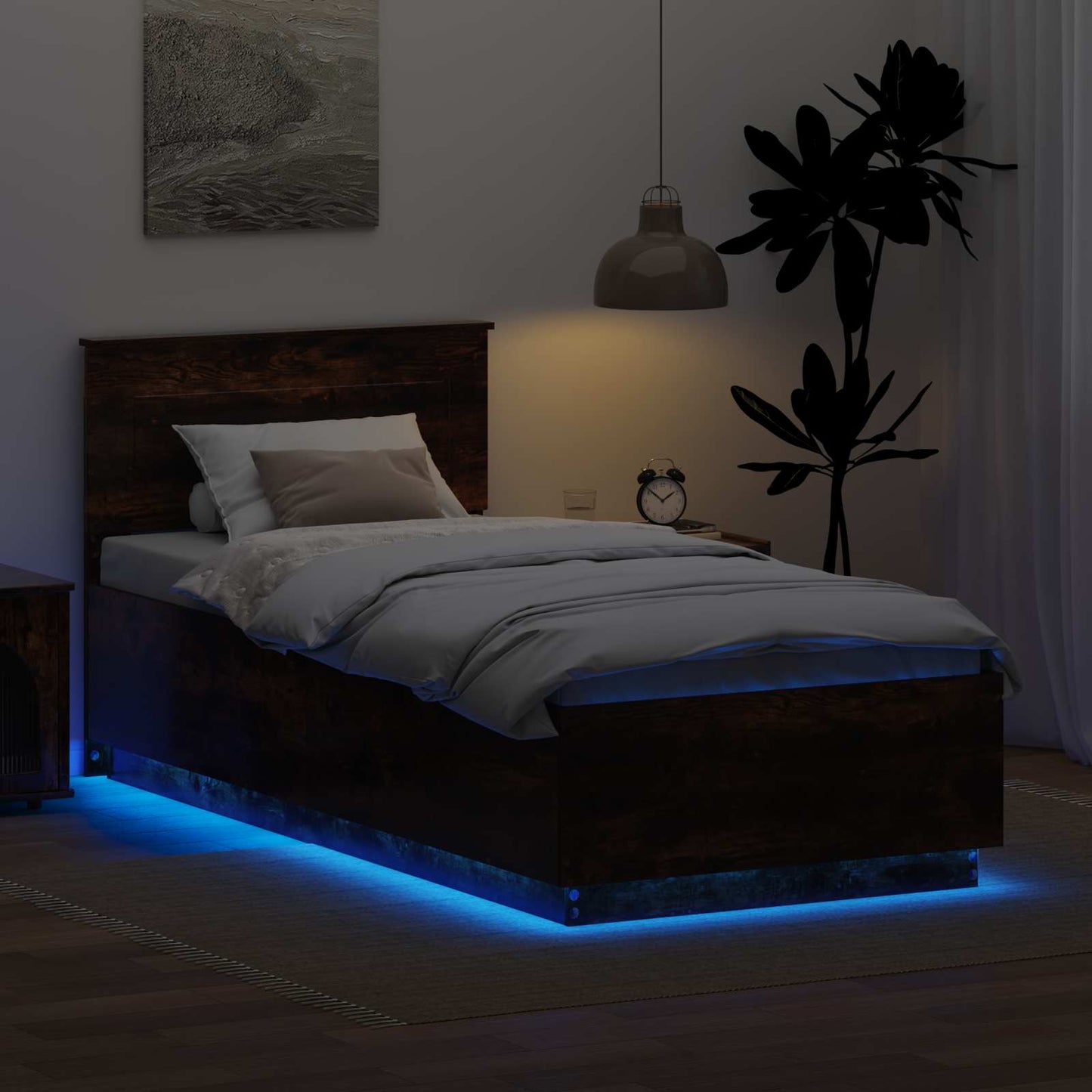 Ágykeret LED szalagokkal Füstölt tölgy 90 x 190 cm Szerelt Fa
