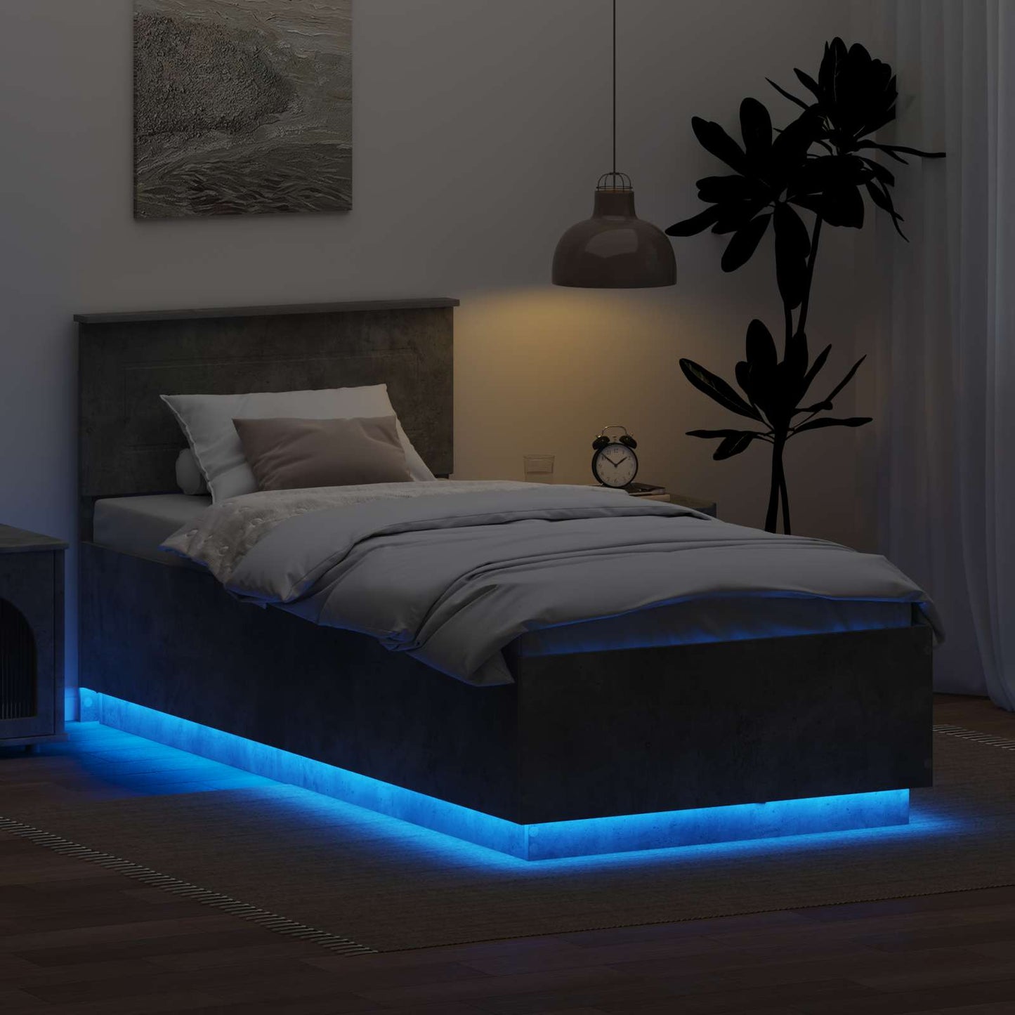 Ágykeret LED szalagokkal Beton Szürke 70 x 190 cm Szerelt Fa