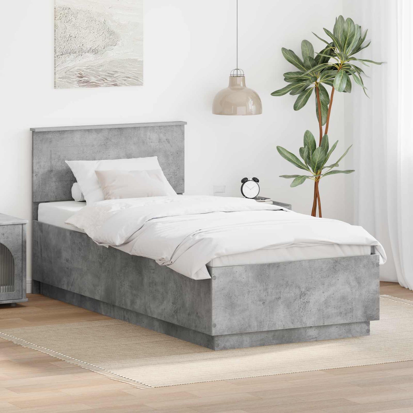 Ágykeret LED szalagokkal Beton Szürke 70 x 190 cm Szerelt Fa