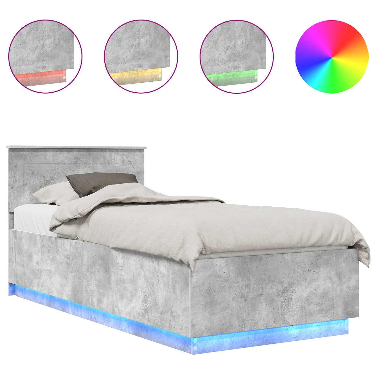 Ágykeret LED szalagokkal Beton Szürke 70 x 190 cm Szerelt Fa