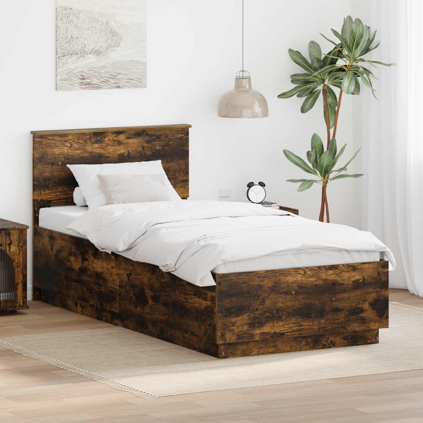 Ágykeret fejtámlával Füstös Tölgy 90 x 200 cm Szerelt Fa