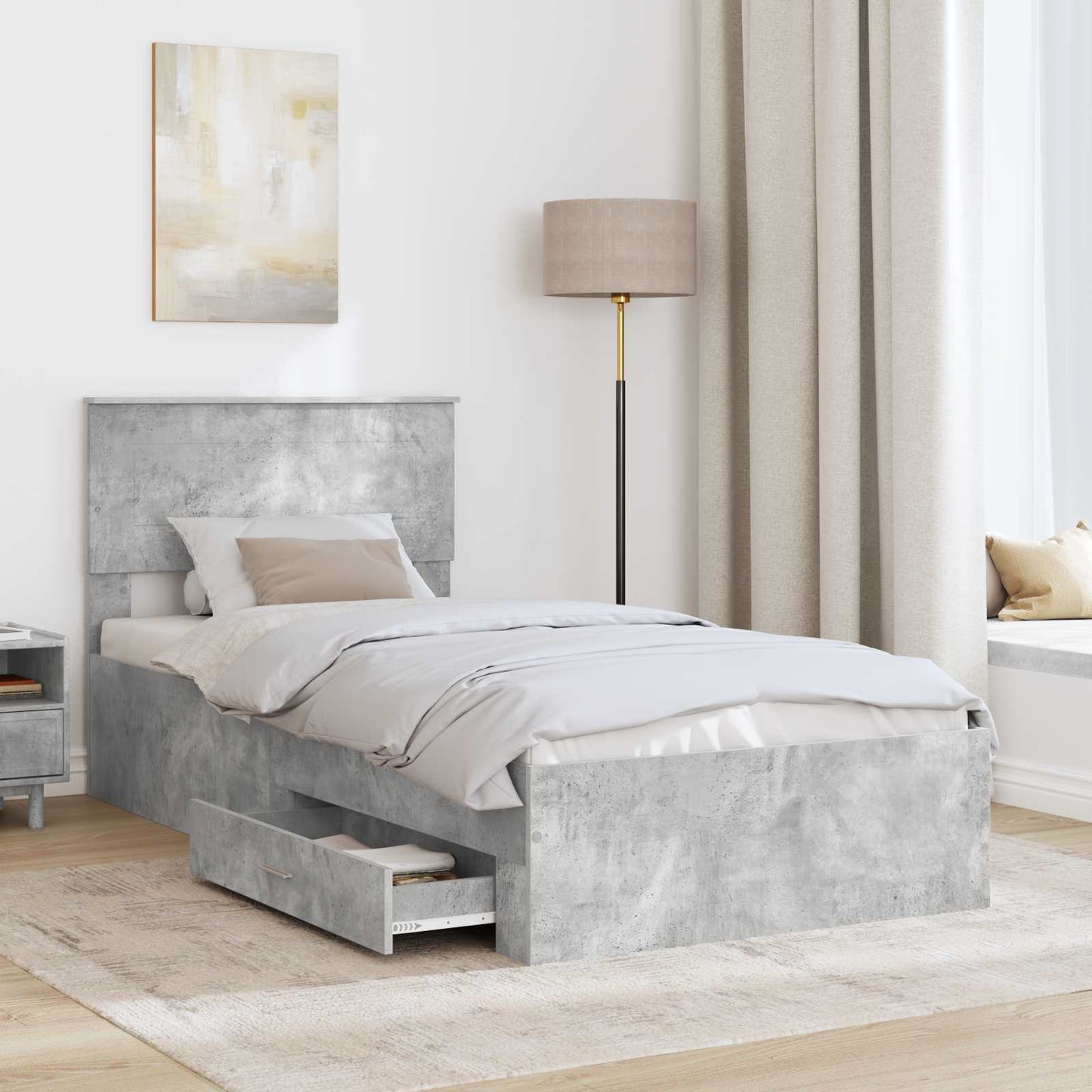 Ágykeret fiókkal Beton szürke és ezüst 75 x 190 cm Szerelt Fa