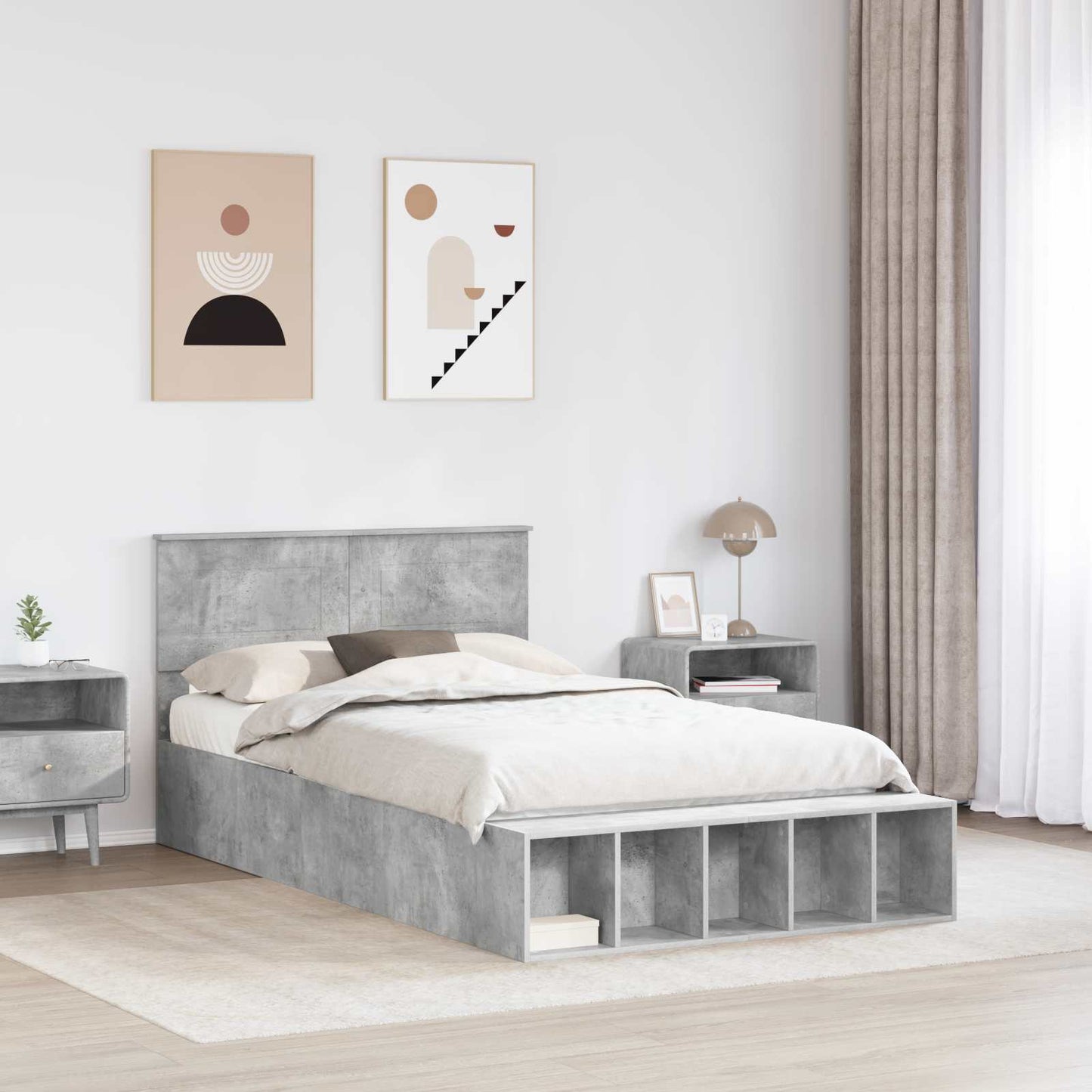 Ágykeret polcokkal tárolóval Beton Szürke 120 x 190 cm Faanyag