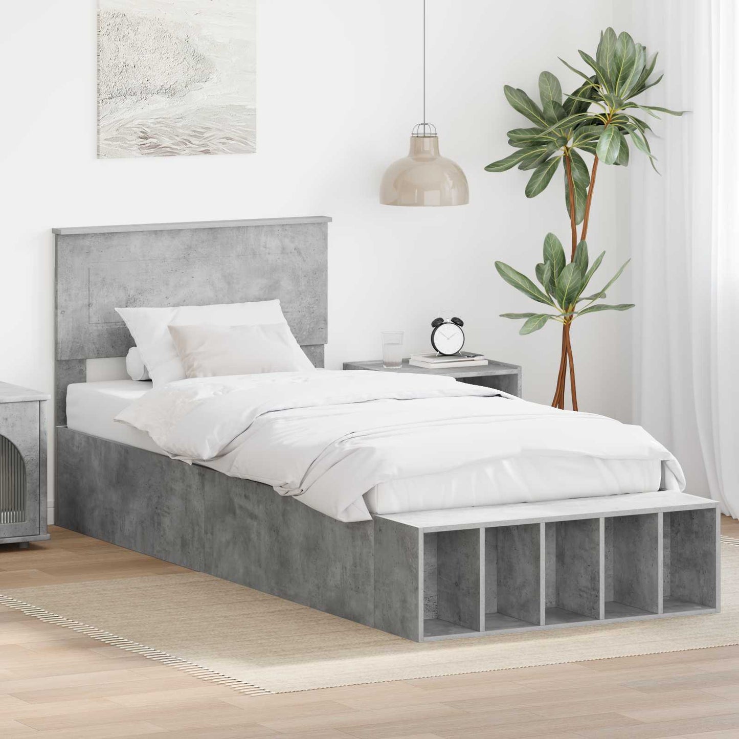 Ágykeret polcokkal Beton Szürke 90 x 200 cm Szerelt Fa