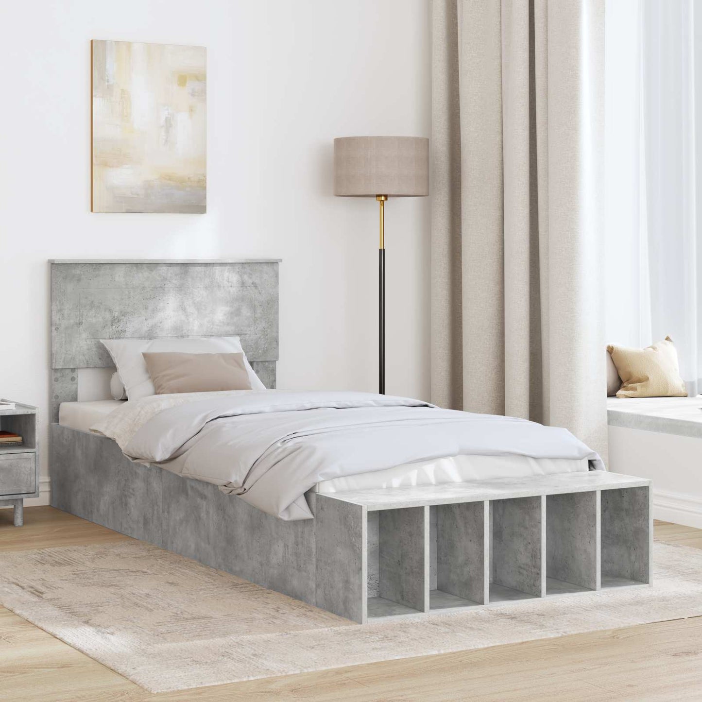Ágykeret polcokkal Beton Szürke 90 x 200 cm Szerelt Fa