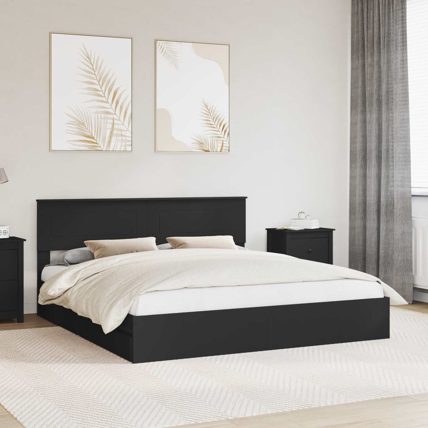 Tárolós Ágy fiókkal fejtámlával Fekete 200 x 200 cm Szerelt Fa